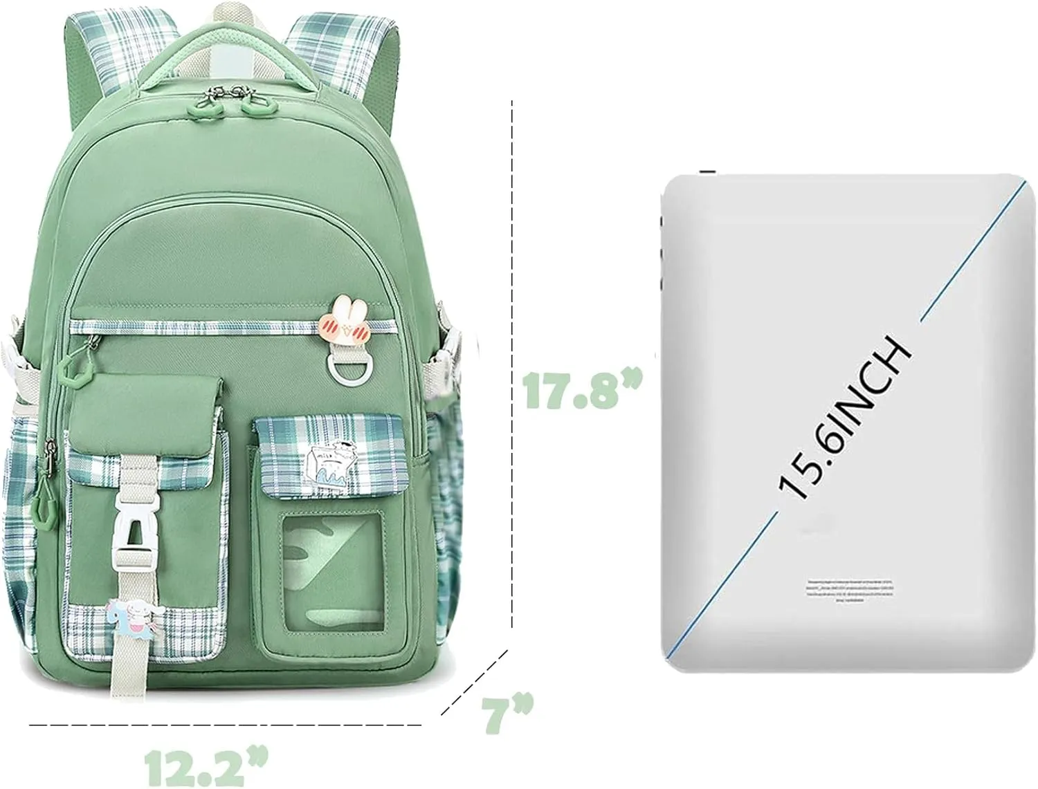 Kids Backpack for Girls Teens, Kawaii Backpack for School, Cute Bookbag for Primary Elementary with Accessories, Green