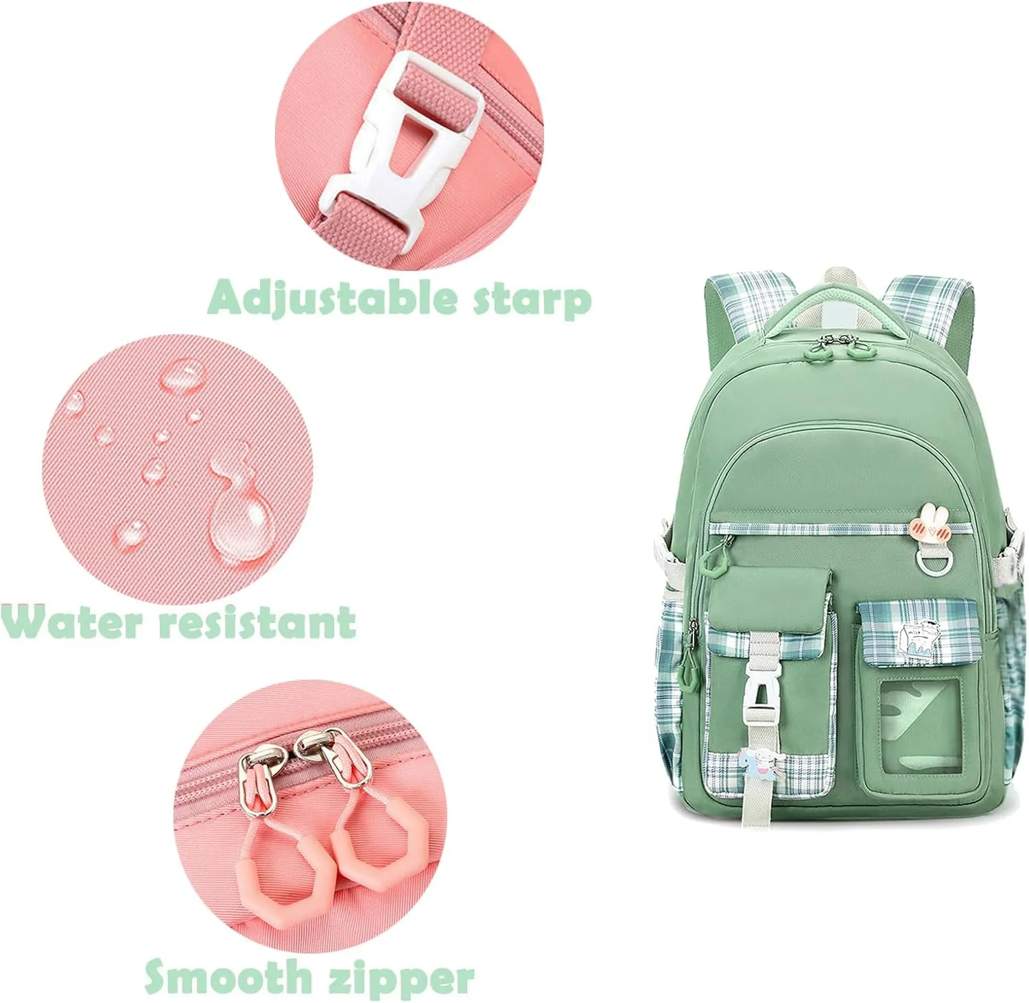 Kids Backpack for Girls Teens, Kawaii Backpack for School, Cute Bookbag for Primary Elementary with Accessories, Green