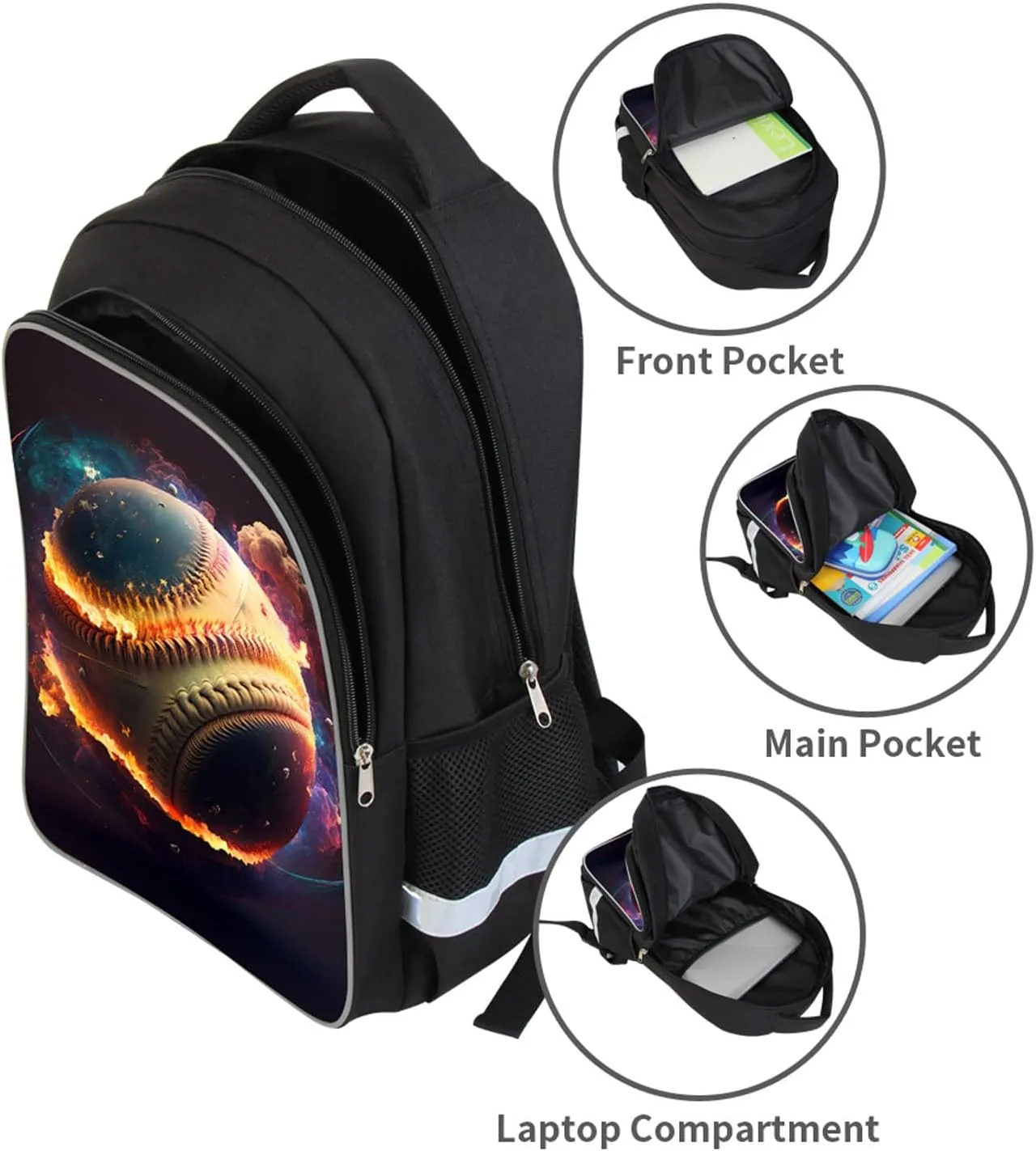 Kids School Backpack for Boys, Baseball Space Galaxy Theme, Children Back Pack for Elementary Primary, Polyester Bookbag, Lightweight for Student, Zipper Closure with Water Bottle Holders