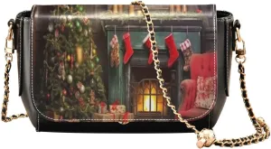 Kigai Christmas Fireplace Crossbody Bags for Women Retro Cross Body Purse Small PU Leather Shoulder Handbags with Chain Strap