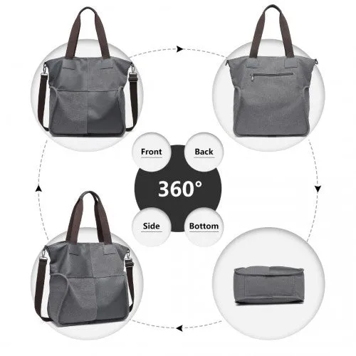 Kono Paneled Contrast Large Capacity Canvas Shoulder Bag - Grey