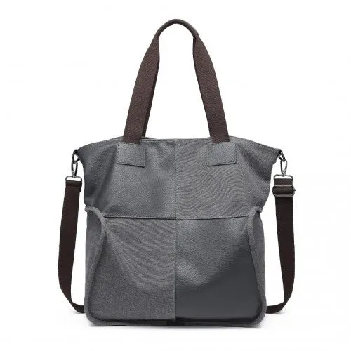 Kono Paneled Contrast Large Capacity Canvas Shoulder Bag - Grey