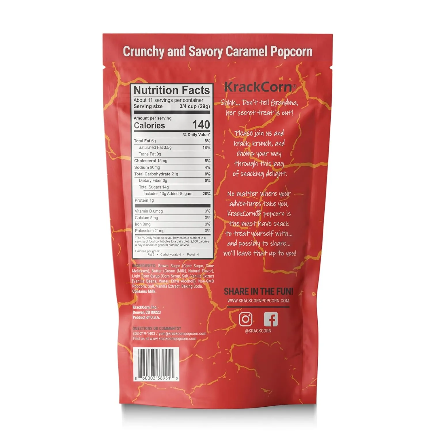 KrackCorn Caramel Popcorn - Gluten-Free, Non-GMO Caramel Flavored Popcorn, Sweet and Salty Corn Gourmet Snack - Delicious Treat for Family Parties, Movie Nights - 11 Oz, Pack of 3