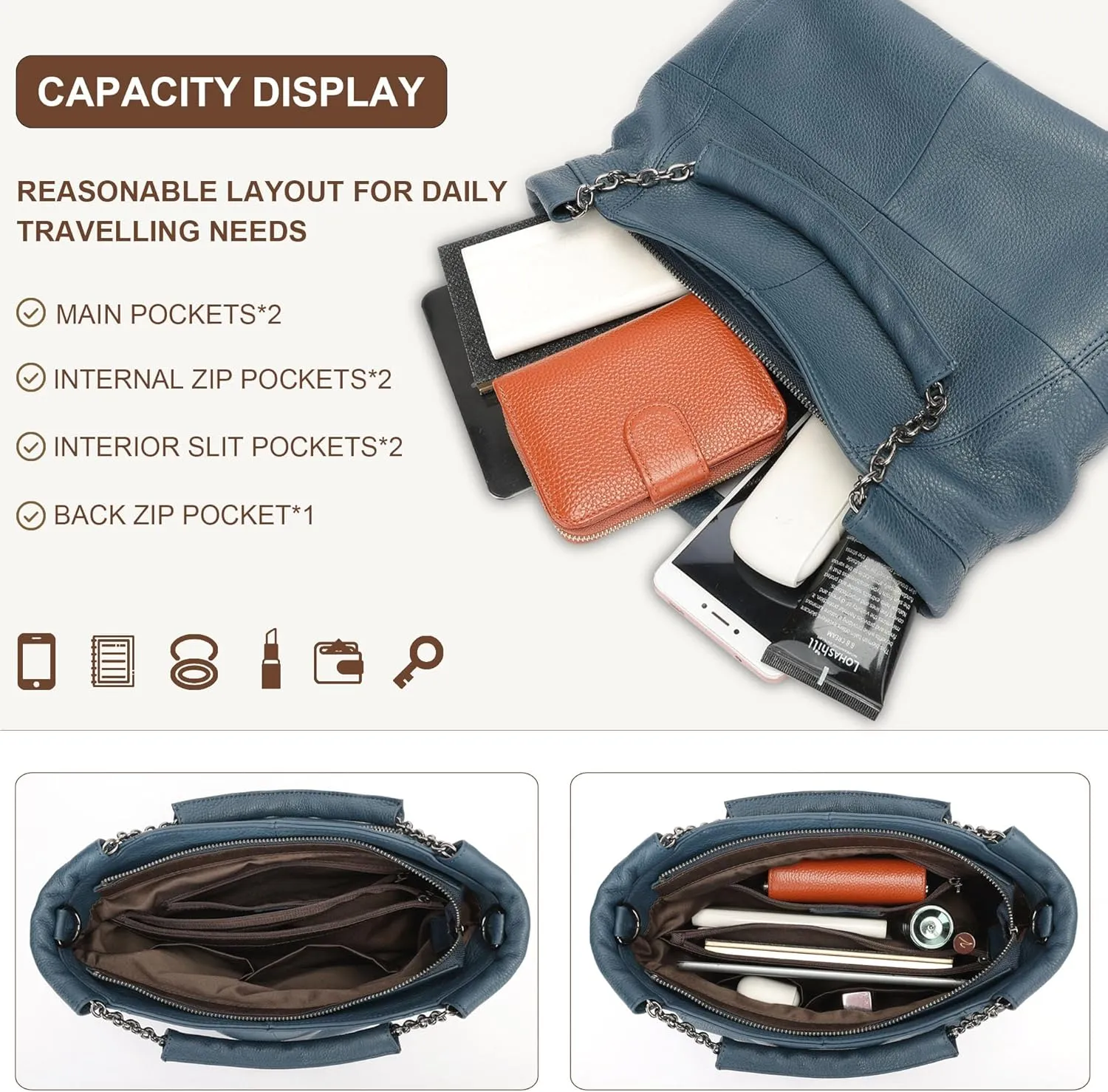 Ladies Crossbody Bag Multi Purpose Leather Handbag Adjustable Chain and Detachable Shoulder Bag