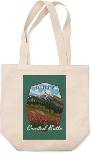 Lantern Press Crested Butte, Colorado, Fireweed and Mountain, (100% Cotton Canvas Reusable Tote Bag)