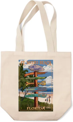 Lantern Press Ft. Myers Beach, Florida, Destinations Sign (100% Cotton Canvas Reusable Tote Bag)