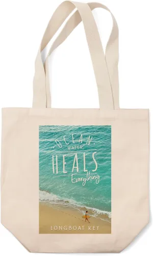 Lantern Press Longboat Key, Florida, Ocean Water Heals Everything, Surfer Walking on Beach (100% Cotton Canvas Reusable Tote Bag)
