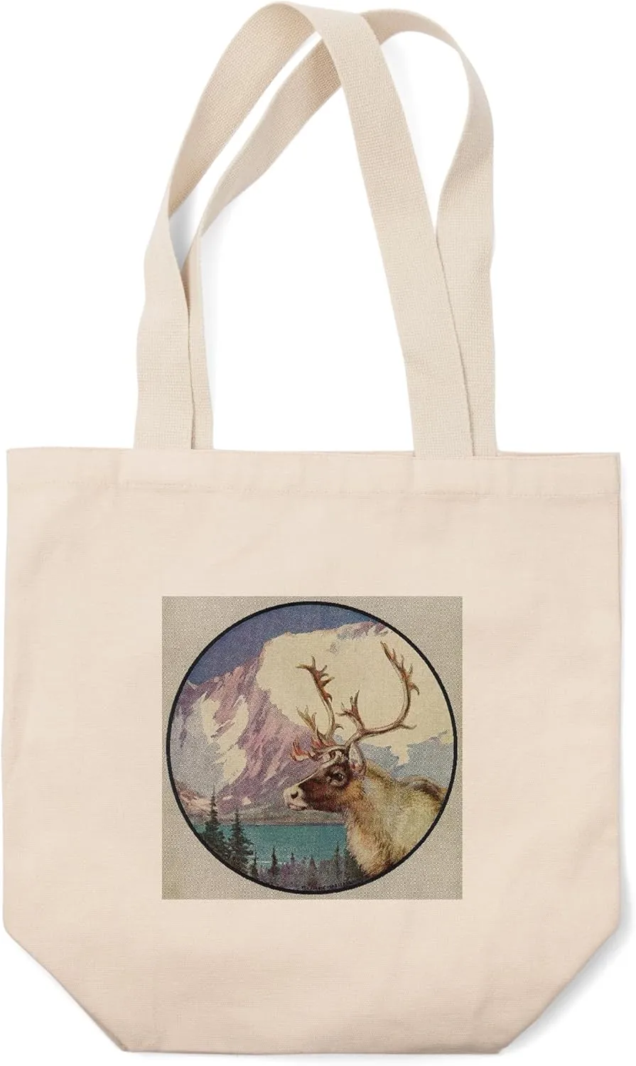 Lantern Press View of a Caribou with Mountains in The Background, Vintage Magazine (100% Cotton Canvas Reusable Tote Bag)
