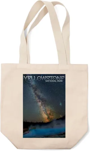 Lantern Press Yellowstone National Park, Night Sky and Old Faithful (100% Cotton Canvas Reusable Tote Bag)