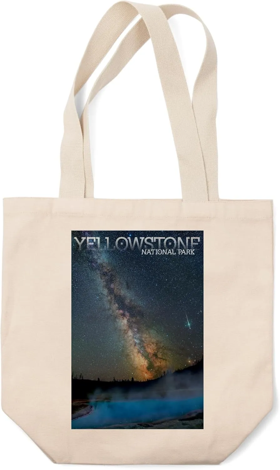 Lantern Press Yellowstone National Park, Night Sky and Old Faithful (100% Cotton Canvas Reusable Tote Bag)