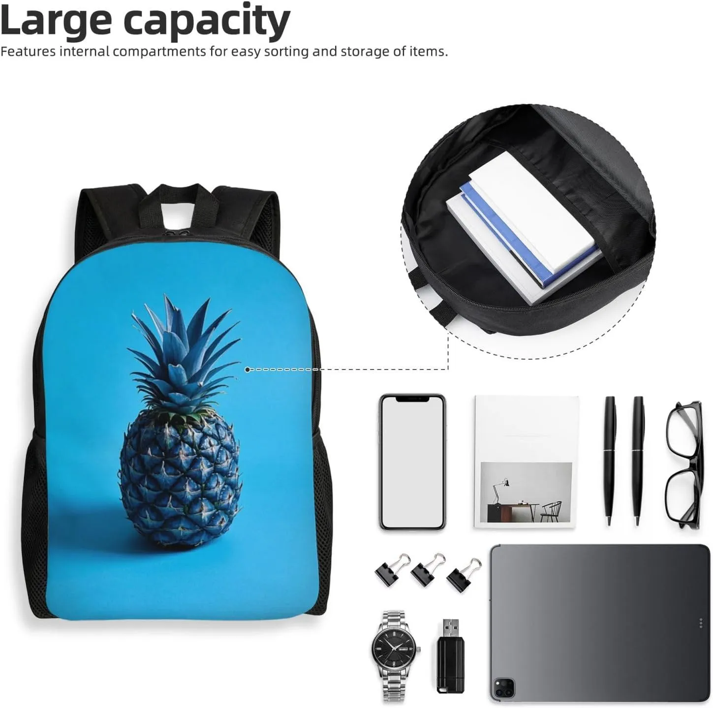 Laptop Backpack for Women Men Carry-on Backpack Blue pineapple Daypack Lightweight Travel Shoulder Bags