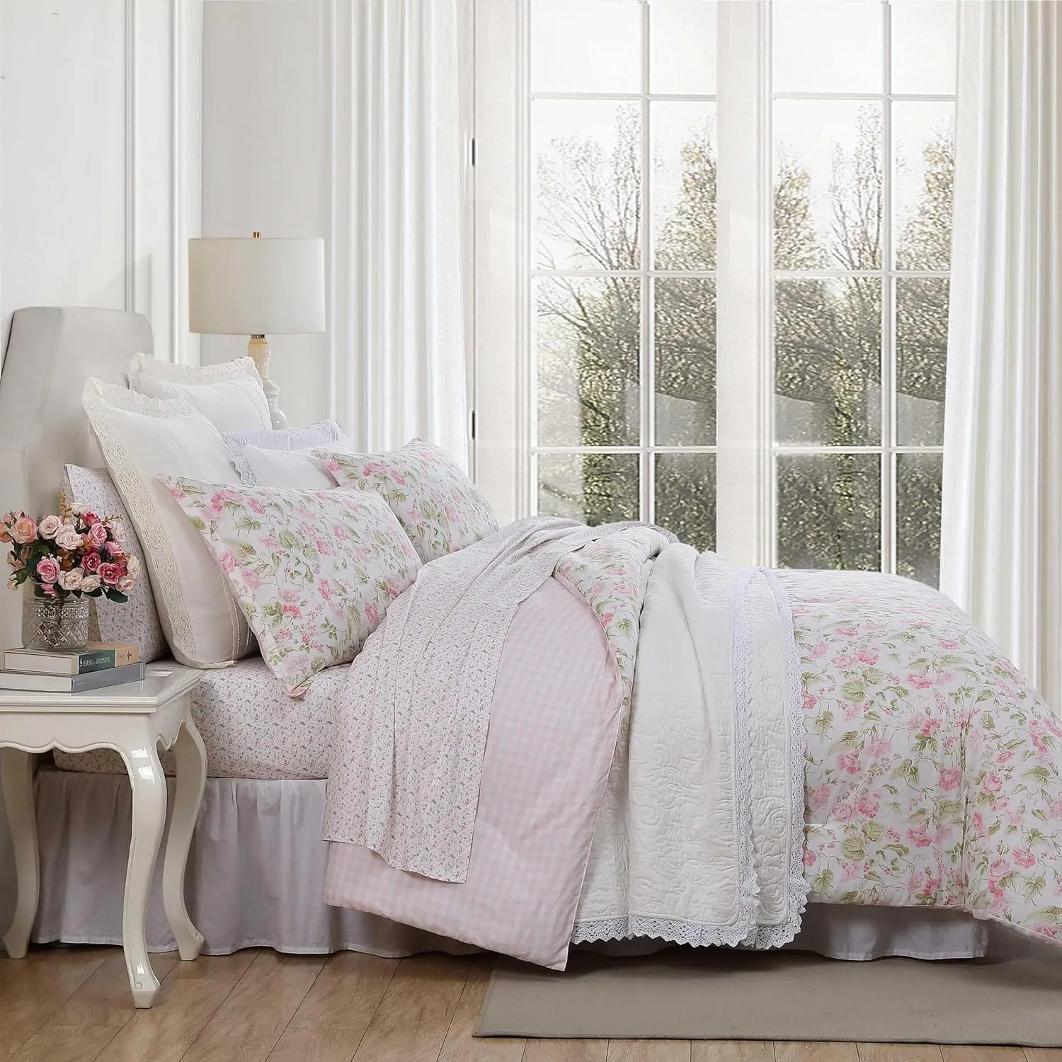 Laura Ashley - Queen Comforter Set, Luxuriously Soft Bedding with Matching Shams, Floral Home Decor (Morning Gloria Pink, Queen)