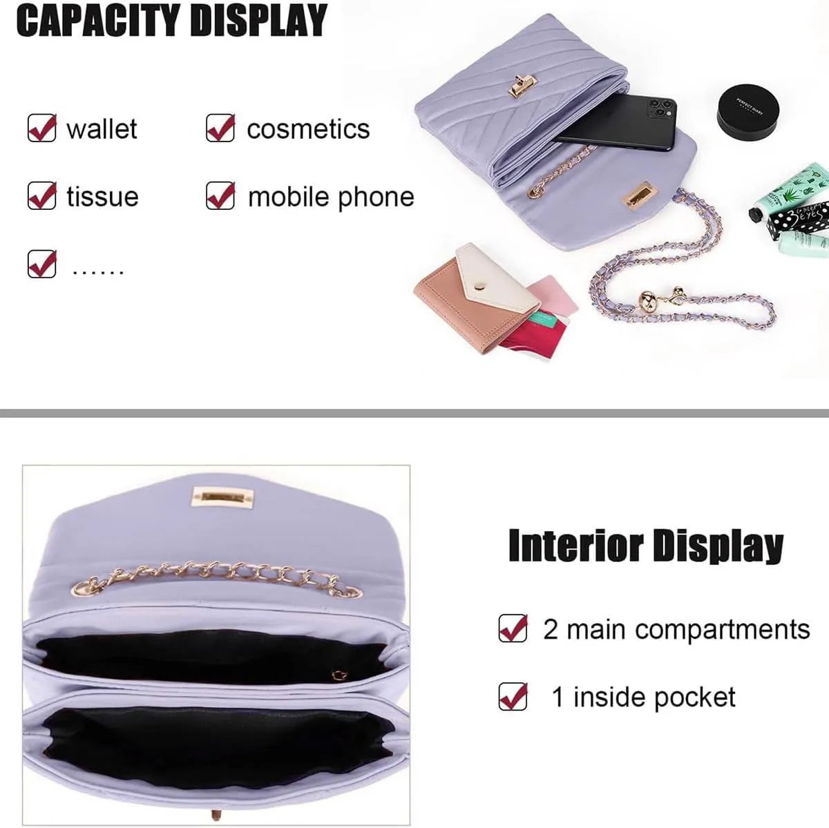 LAVTUG Quilted Crossbody Bags for Women - Vegan Leather Cute Small Purse with Gold Chain Strap, Trendy Designer Bag for Teens