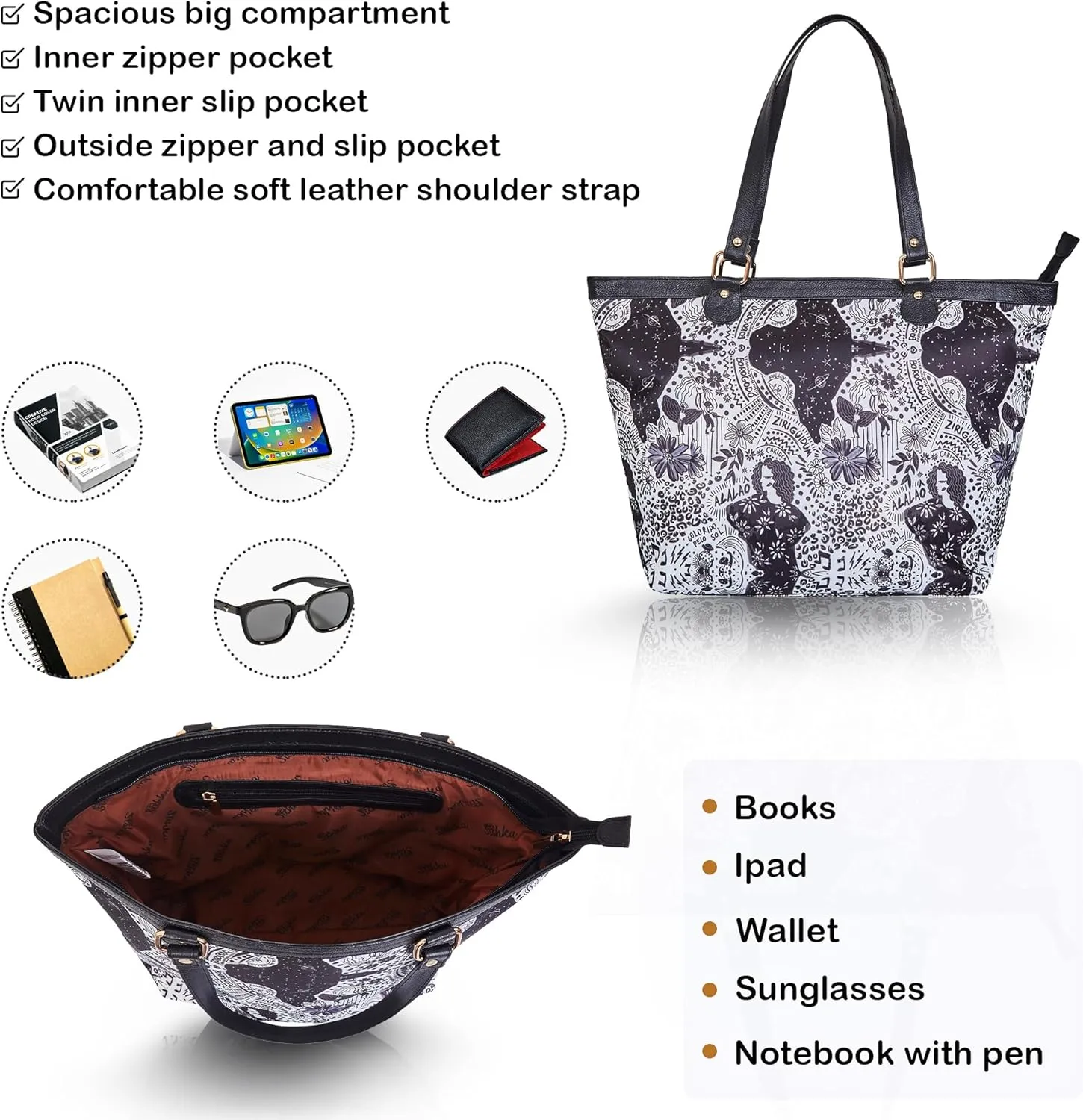 Leather Trim Printed Tote Bag for Women