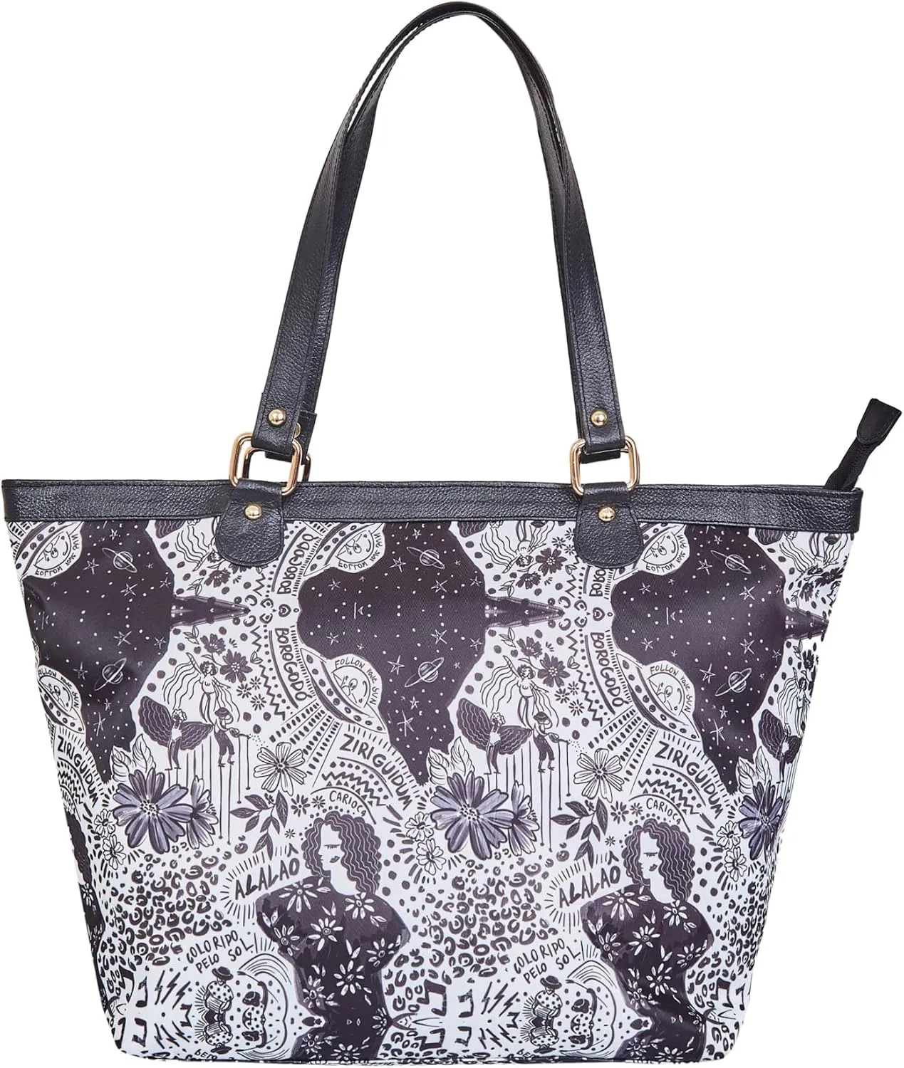 Leather Trim Printed Tote Bag for Women