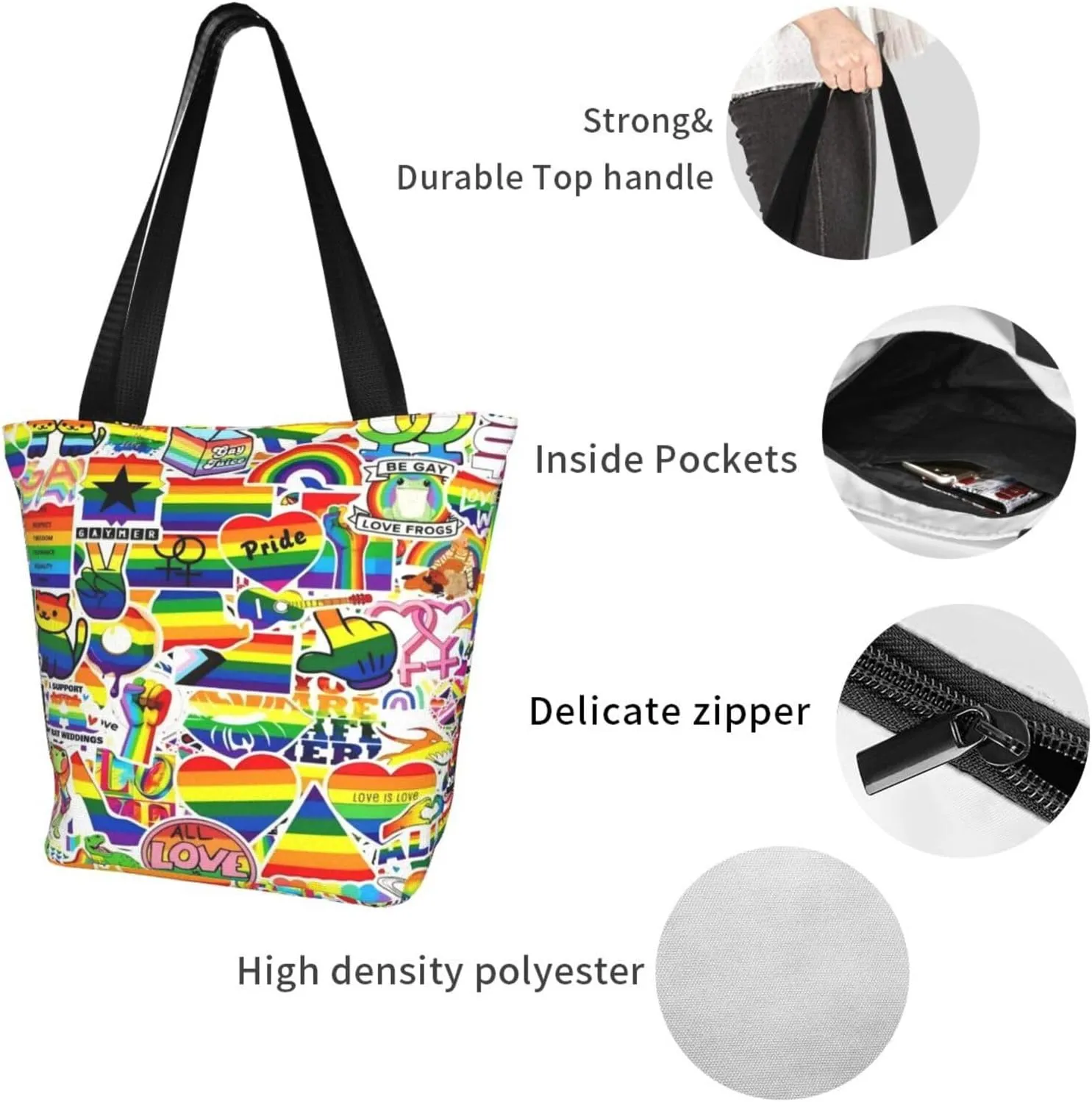 LGBT Pride Gay Rainbow Women's Tote Bag Lightweight Shopping Handbag Travel Shoulder Bag With Zipper