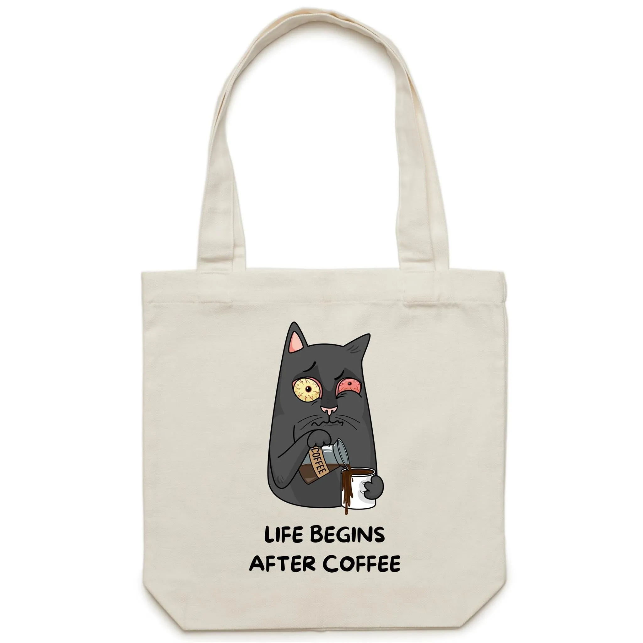 Life Begins After Coffee, Cat - Canvas Tote Bag
