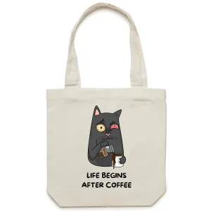 Life Begins After Coffee, Cat - Canvas Tote Bag