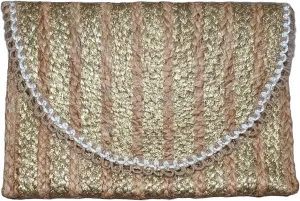 Lily Jute Clutch Purse Metallic Stripe Print Bohemian Hipster Beach Wedding Natural Boho Summer Handcrafted in India Handbag