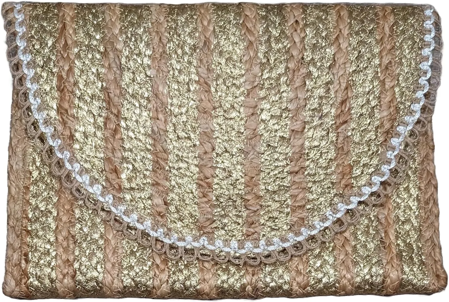 Lily Jute Clutch Purse Metallic Stripe Print Bohemian Hipster Beach Wedding Natural Boho Summer Handcrafted in India Handbag