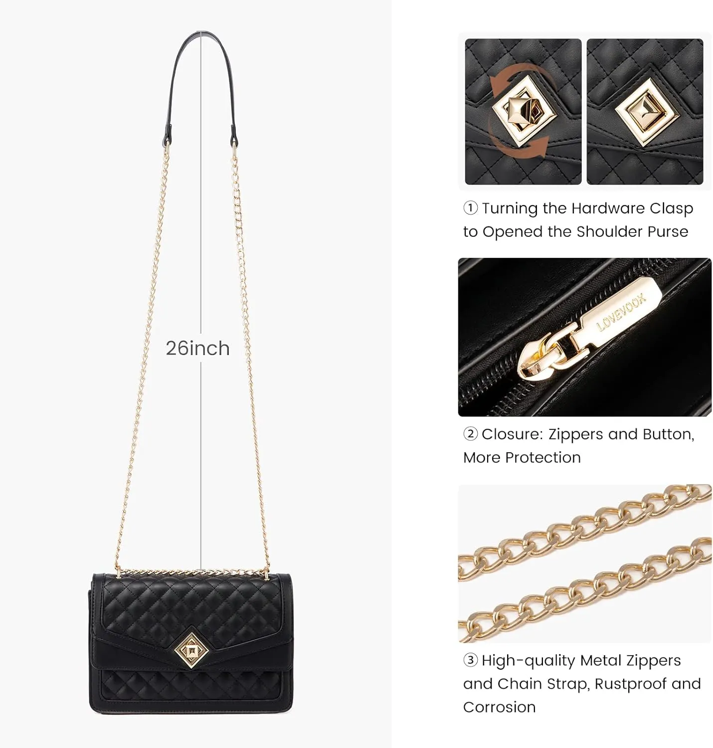LOVEVOOK Crossbody Bags for Women Leather Quilted Shoulder Bag with Chain Strap Trendy Clutch Satchel Ladies Evening Bag
