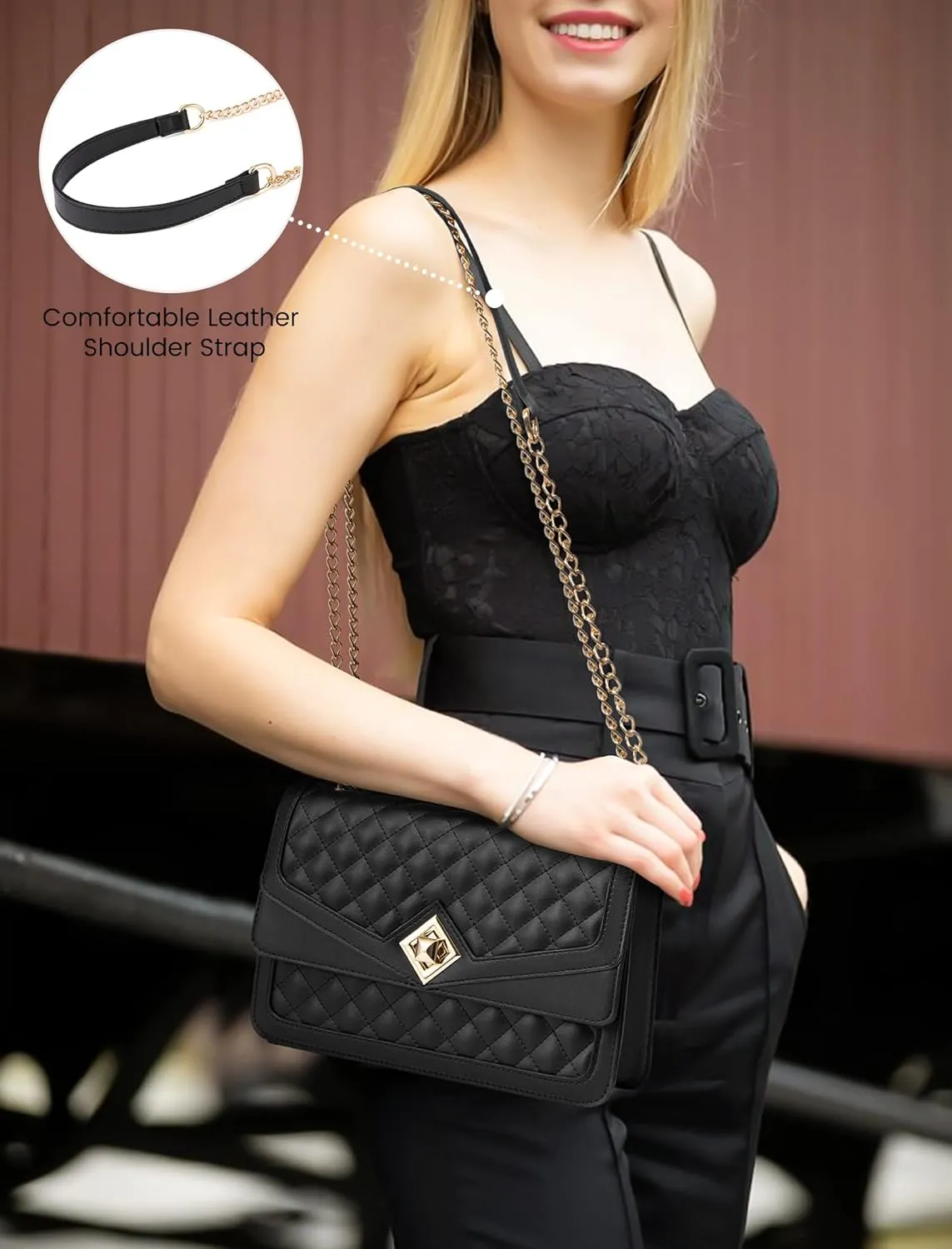LOVEVOOK Crossbody Bags for Women Leather Quilted Shoulder Bag with Chain Strap Trendy Clutch Satchel Ladies Evening Bag