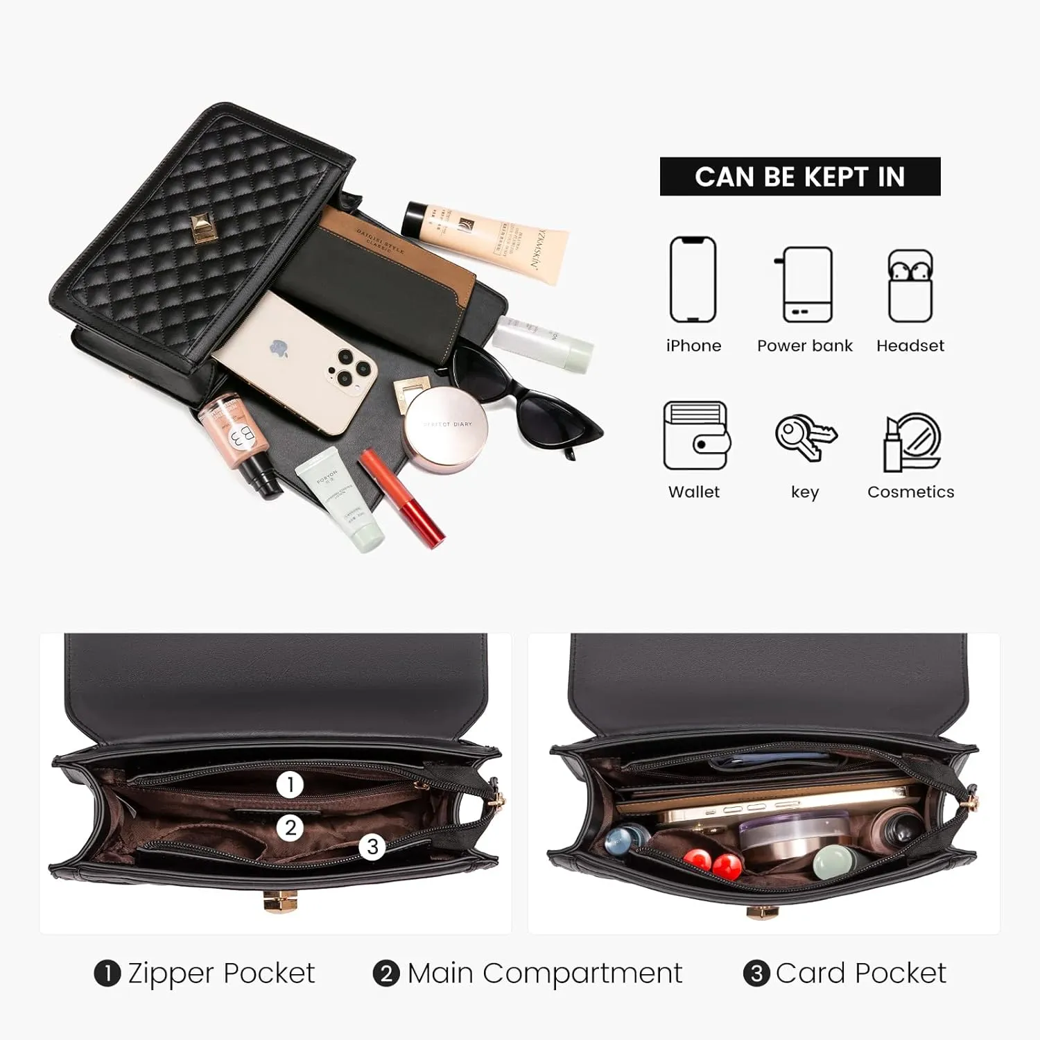 LOVEVOOK Crossbody Bags for Women Leather Quilted Shoulder Bag with Chain Strap Trendy Clutch Satchel Ladies Evening Bag