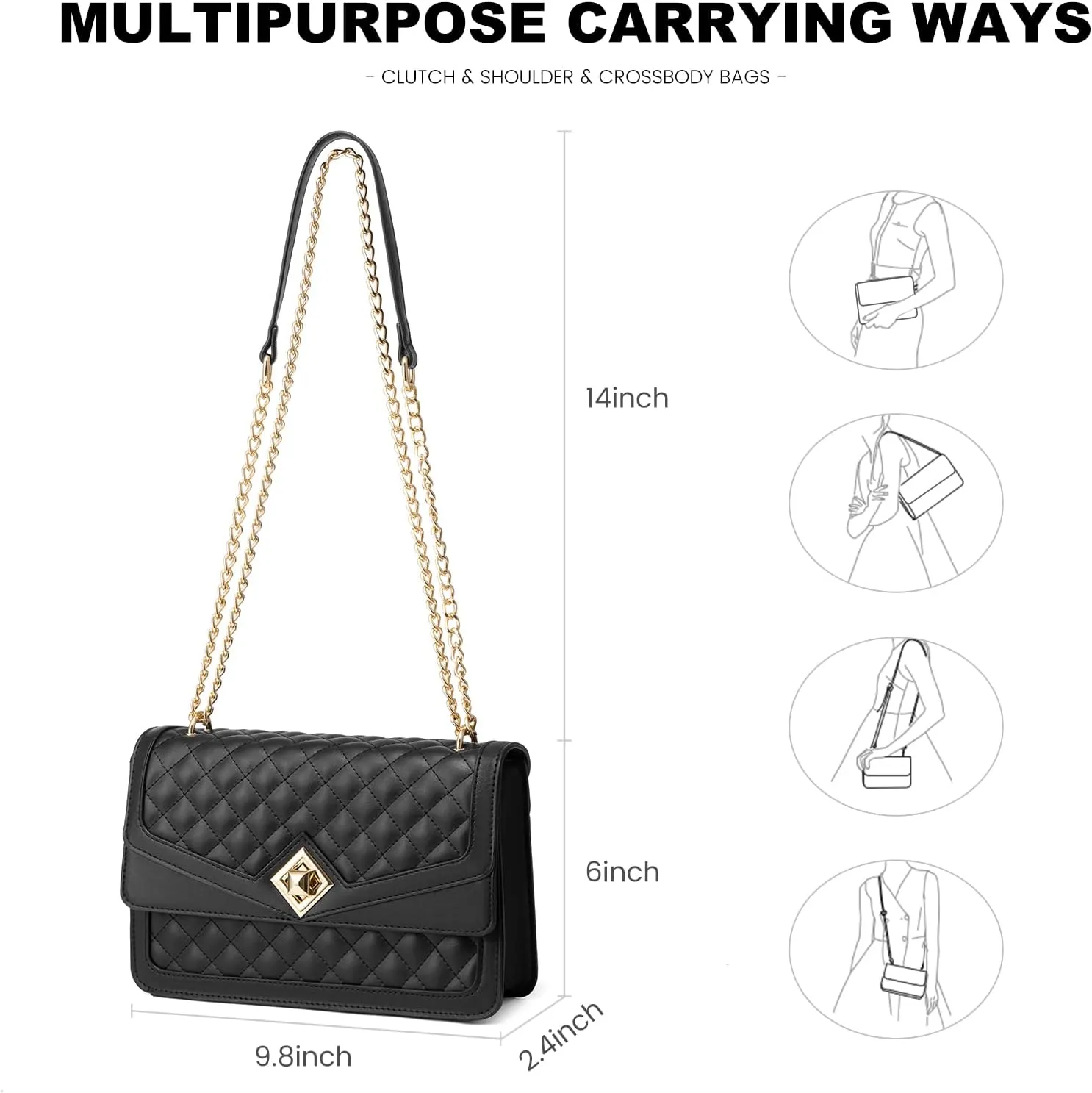 LOVEVOOK Crossbody Bags for Women Leather Quilted Shoulder Bag with Chain Strap Trendy Clutch Satchel Ladies Evening Bag