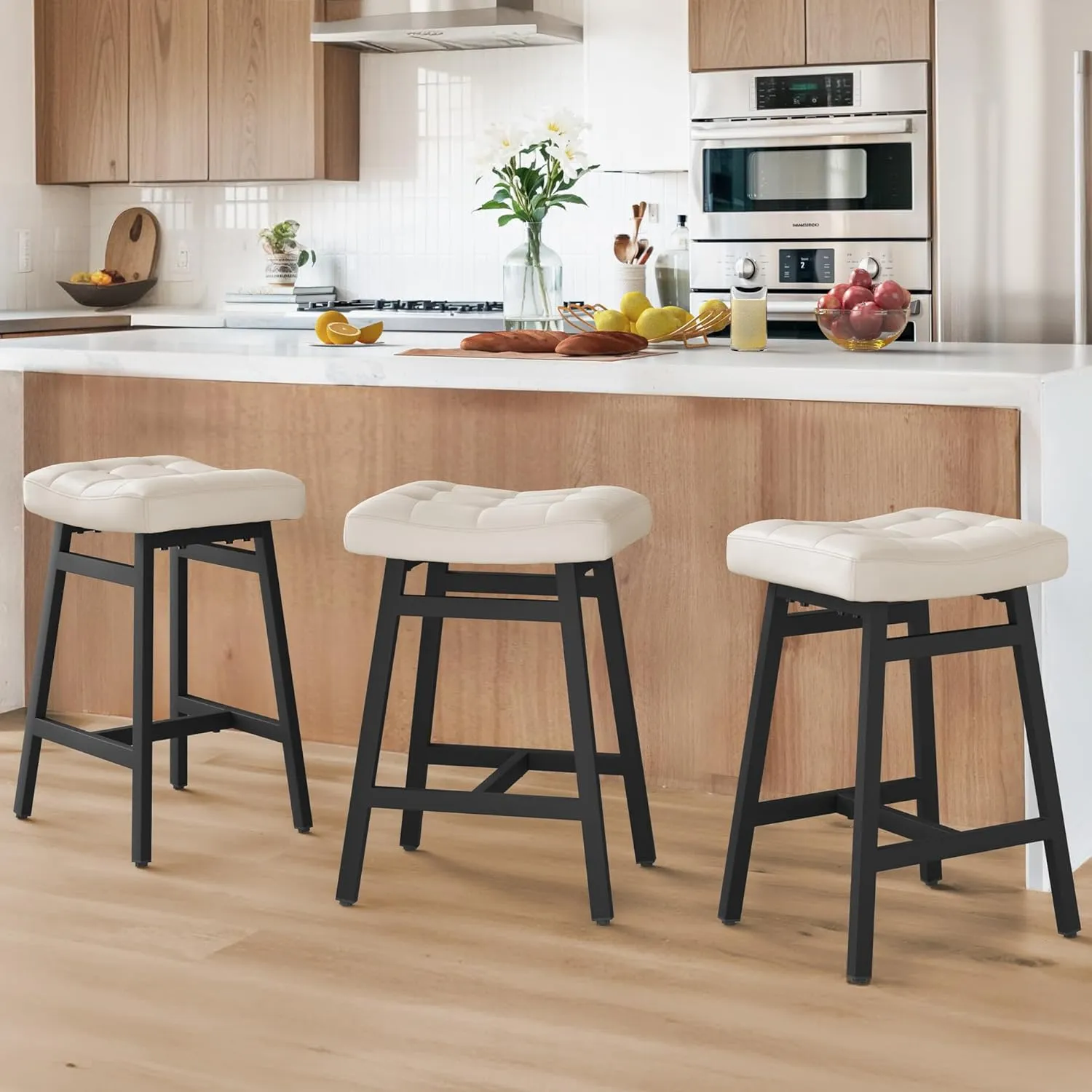 LUE BONA Counter Height Bar Stools Set of 3, Barstools with Thick Faux Leather Saddle Seat & Heavy Duty Metal Legs,24Inch Kitchen Counter Stools, Antique White