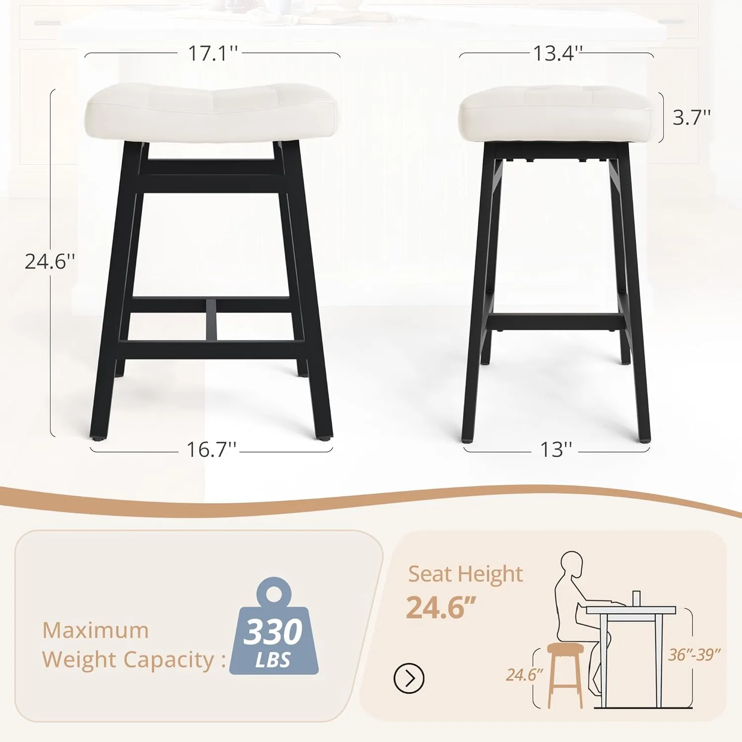 LUE BONA Counter Height Bar Stools Set of 3, Barstools with Thick Faux Leather Saddle Seat & Heavy Duty Metal Legs,24Inch Kitchen Counter Stools, Antique White