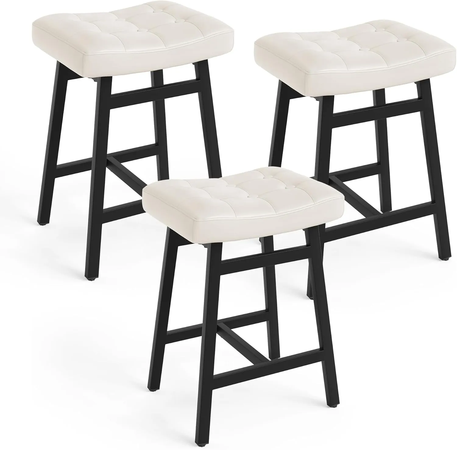 LUE BONA Counter Height Bar Stools Set of 3, Barstools with Thick Faux Leather Saddle Seat & Heavy Duty Metal Legs,24Inch Kitchen Counter Stools, Antique White