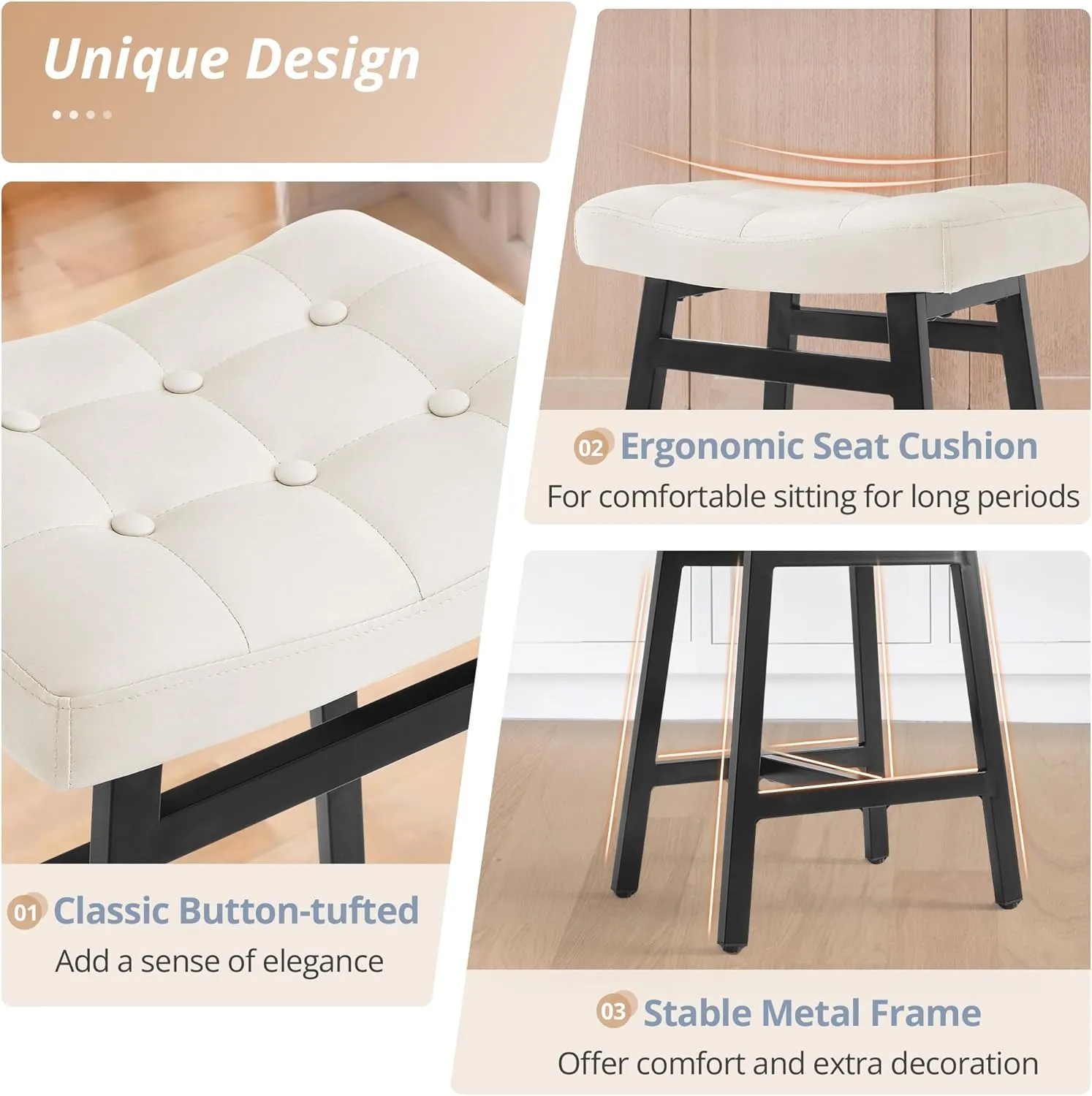 LUE BONA Counter Height Bar Stools Set of 3, Barstools with Thick Faux Leather Saddle Seat & Heavy Duty Metal Legs,24Inch Kitchen Counter Stools, Antique White