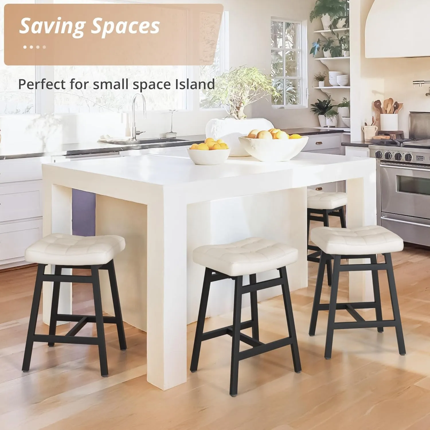 LUE BONA Counter Height Bar Stools Set of 3, Barstools with Thick Faux Leather Saddle Seat & Heavy Duty Metal Legs,24Inch Kitchen Counter Stools, Antique White