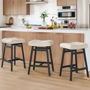 LUE BONA Counter Height Bar Stools Set of 3, Barstools with Thick Faux Leather Saddle Seat & Heavy Duty Metal Legs,24Inch Kitchen Counter Stools, Antique White