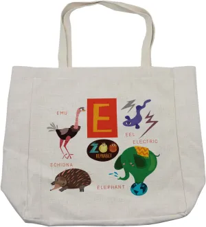 Lunarable ABC Shopping Bag, Happy Caricature Animal Alphabet Theme with Emu Eel Elephant Echidna for E Letter, Eco-Friendly Reusable Bag for Groceries Beach and More, 15.5" X 14.5", Cream
