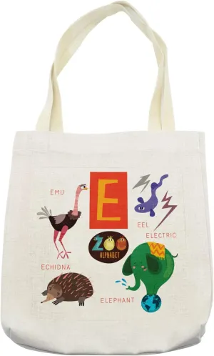 Lunarable ABC Tote Bag, Happy Caricature Animal Alphabet Theme with Emu Eel Elephant Echidna for E Letter, Cloth Linen Reusable Bag for Shopping Books Beach and More, 16.5" X 14", Cream