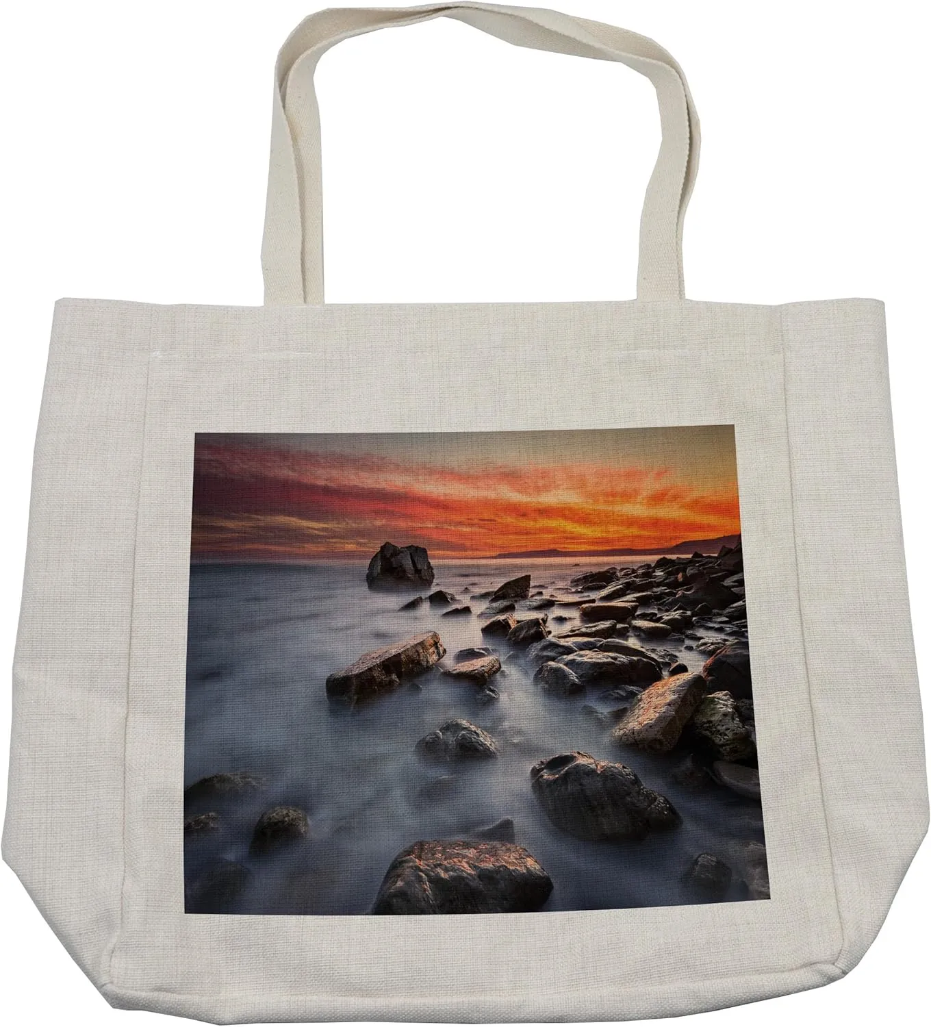 Lunarable Beach Shopping Bag, Reef Rock Beach with Water and Moody Sky Gloomy Mother Earth Nature Shoreline Print, Eco-Friendly Reusable Bag for Groceries Beach and More, 15.5" X 14.5", Cream
