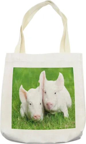 Lunarable Cartoon Tote Bag, 2 Young Piglet on Green Grass Pig Farm Animal Barn Husbandry Agriculture, Cloth Linen Reusable Bag for Shopping Books Beach and More, 16.5" X 14", Pale Pink Green