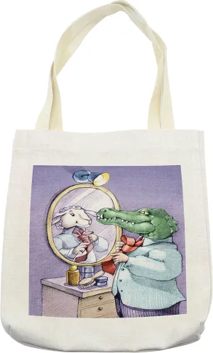 Lunarable Cartoon Tote Bag, Crocodile Knotting His Tie Looks in Mirror Sees Himselfs Sheep Fun Cartoon, Cloth Linen Reusable Bag for Shopping Books Beach and More, 16.5" X 14", Cream