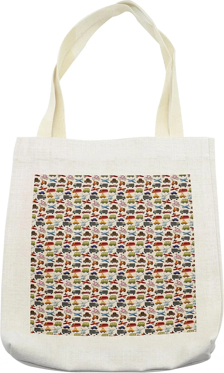 Lunarable Cartoon Tote Bag, Planes Bikes Cars Trucks Train Taxi Motorcycle Bus Crane Engine Cartoon Art, Cloth Linen Reusable Bag for Shopping Books Beach and More, 16.5" X 14", Cream