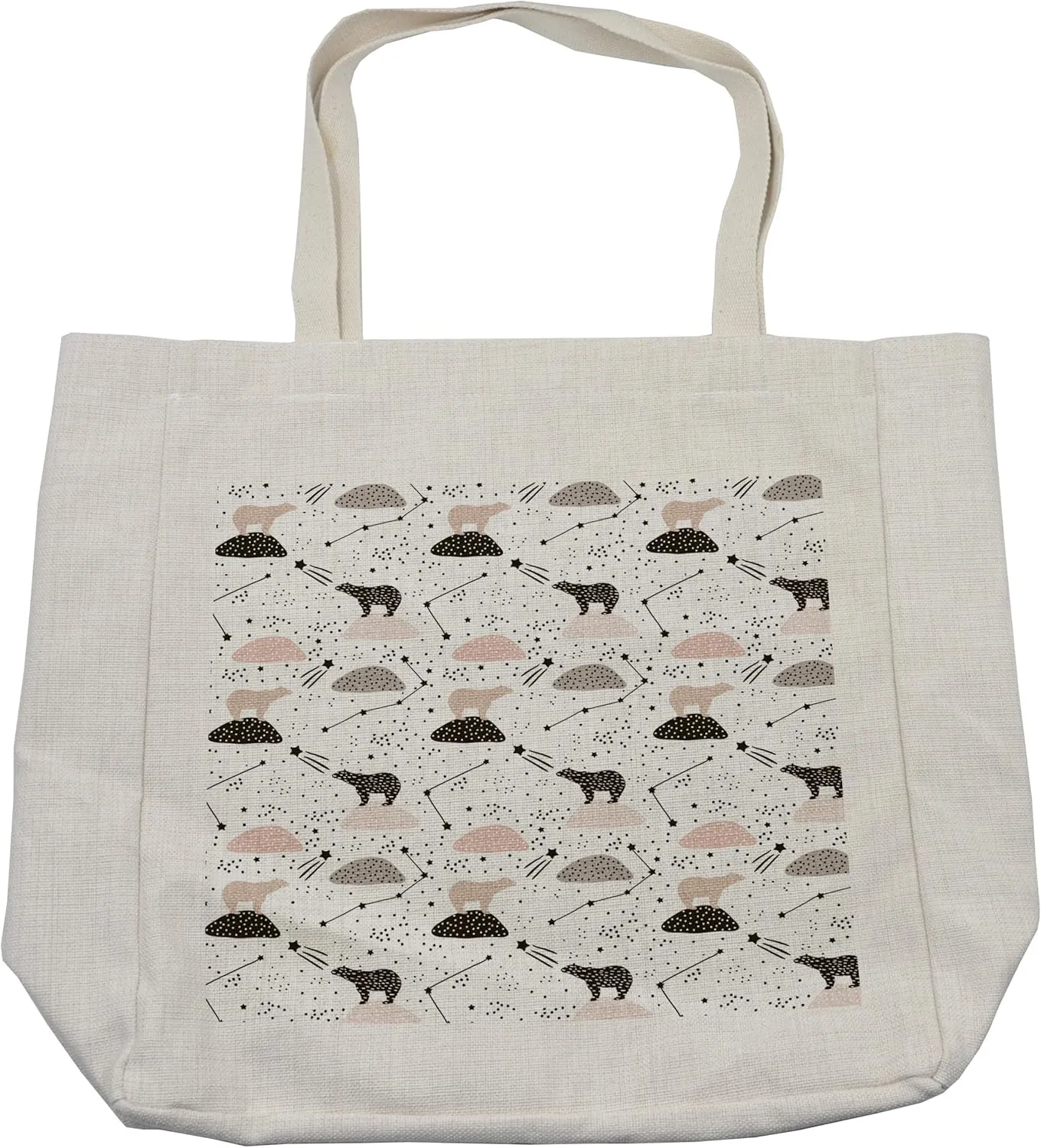 Lunarable Constellation Shopping Bag, Polar Bear Silhouettes Boulders with Stars on Abstract Background, Eco-Friendly Reusable Bag for Groceries Beach and More, 15.5" X 14.5", Cream
