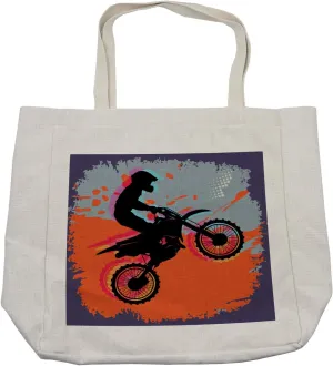 Lunarable Dirt Bike Shopping Bag, Grunge Composition of a Biker in a Stunt Move Competitive Tournament Theme, Eco-Friendly Reusable Bag for Groceries Beach and More, 15.5" X 14.5", Cream