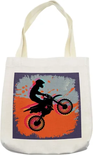 Lunarable Dirt Bike Tote Bag, Grunge Composition of a Biker in a Stunt Move Competitive Tournament Theme, Cloth Linen Reusable Bag for Shopping Books Beach and More, 16.5" X 14", Cream