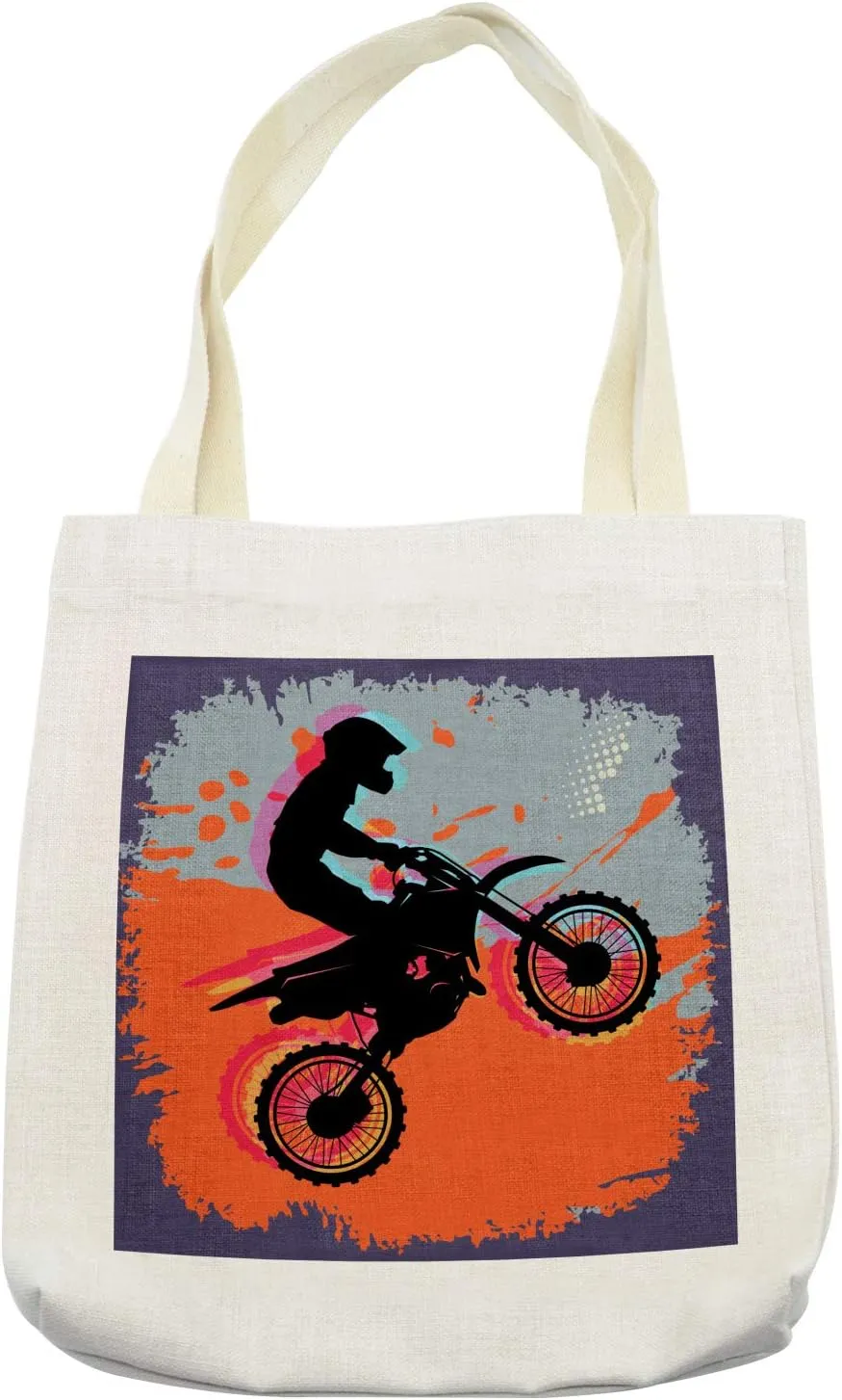 Lunarable Dirt Bike Tote Bag, Grunge Composition of a Biker in a Stunt Move Competitive Tournament Theme, Cloth Linen Reusable Bag for Shopping Books Beach and More, 16.5" X 14", Cream