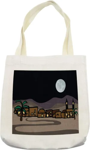 Lunarable Egyptian Print Tote Bag, Settlement in Desert with Tropical Palm Trees and Pathway at Night, Cloth Linen Reusable Bag for Shopping Books Beach and More, 16.5" X 14", Cream