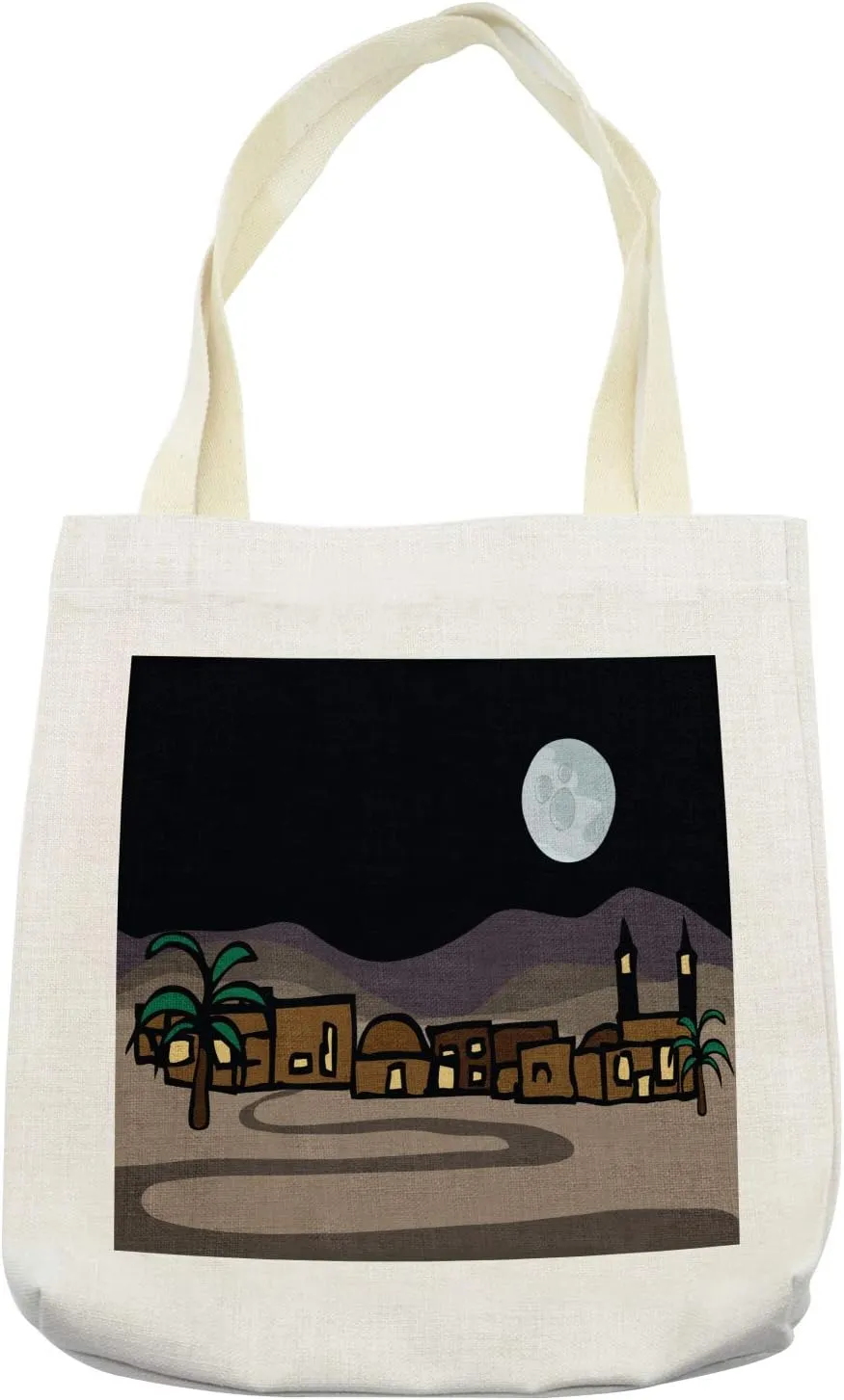 Lunarable Egyptian Print Tote Bag, Settlement in Desert with Tropical Palm Trees and Pathway at Night, Cloth Linen Reusable Bag for Shopping Books Beach and More, 16.5" X 14", Cream