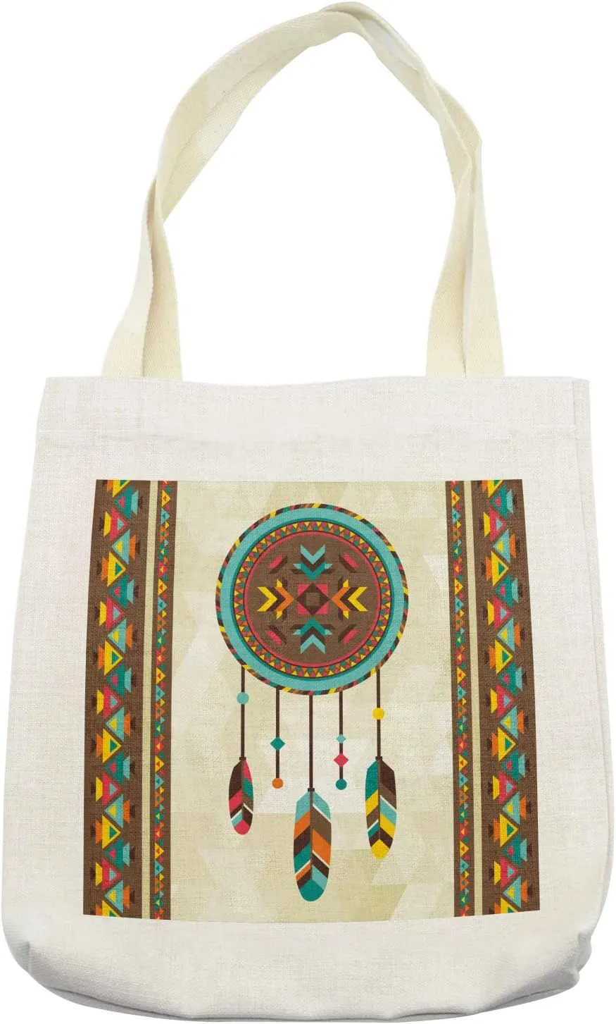 Lunarable Ethnic Tote Bag, Dream Catcher Illustration with Background Quills Traditional, Cloth Linen Reusable Bag for Shopping Books Beach and More, 16.5" X 14", Cream