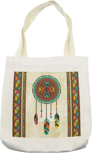 Lunarable Ethnic Tote Bag, Dream Catcher Illustration with Background Quills Traditional, Cloth Linen Reusable Bag for Shopping Books Beach and More, 16.5" X 14", Cream