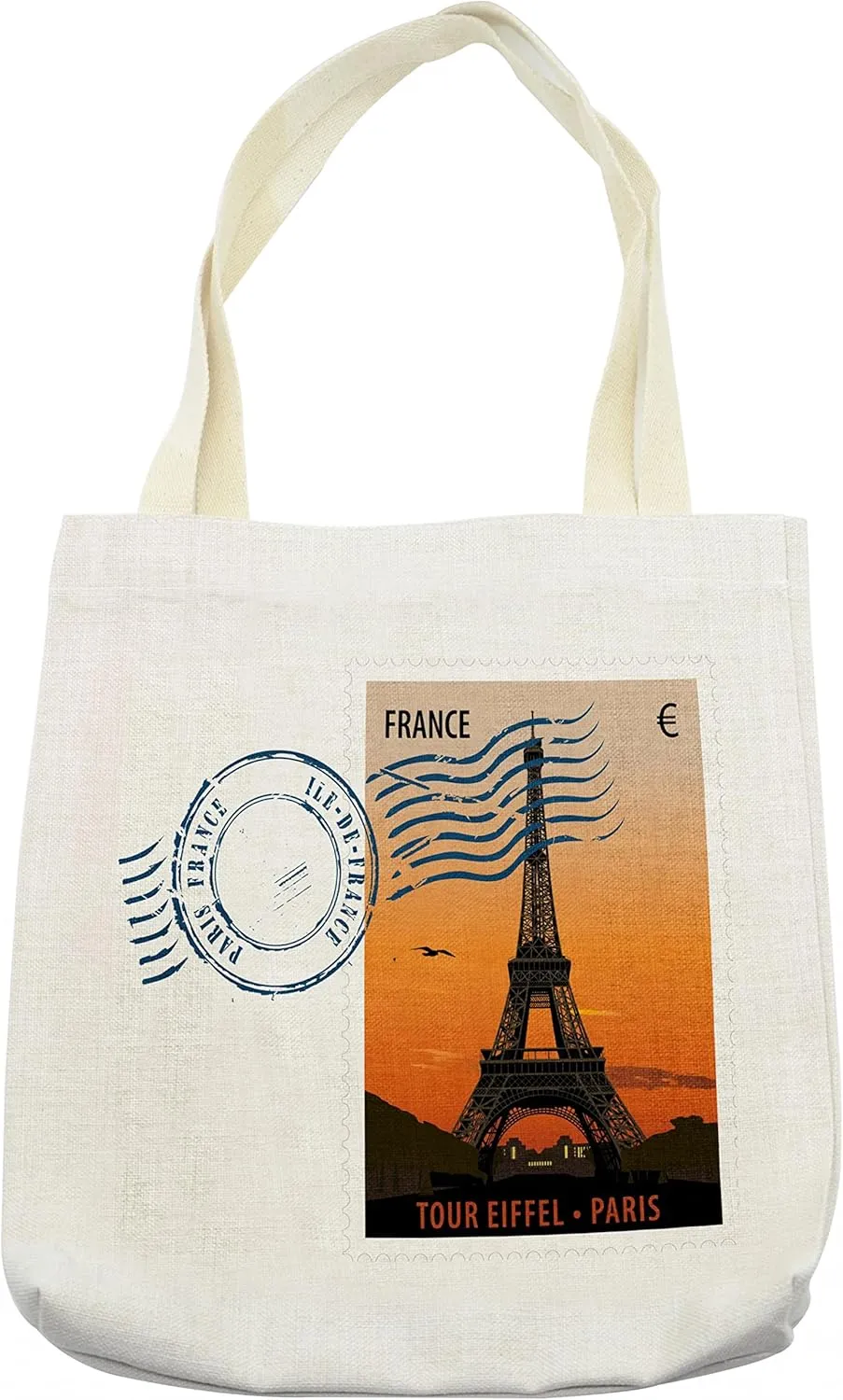 Lunarable European Tote Bag, Retro Postal Card with Tour Eiffel Tower Sunset Paris France Illustration, Cloth Linen Reusable Bag for Shopping Books Beach and More, 16.5" X 14", Cream