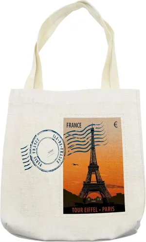 Lunarable European Tote Bag, Retro Postal Card with Tour Eiffel Tower Sunset Paris France Illustration, Cloth Linen Reusable Bag for Shopping Books Beach and More, 16.5" X 14", Cream